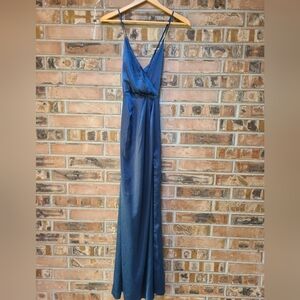 Elegant Teal Blue Maxi Dress By Toby Sz M Straps Cross At Back, Thigh High Slit